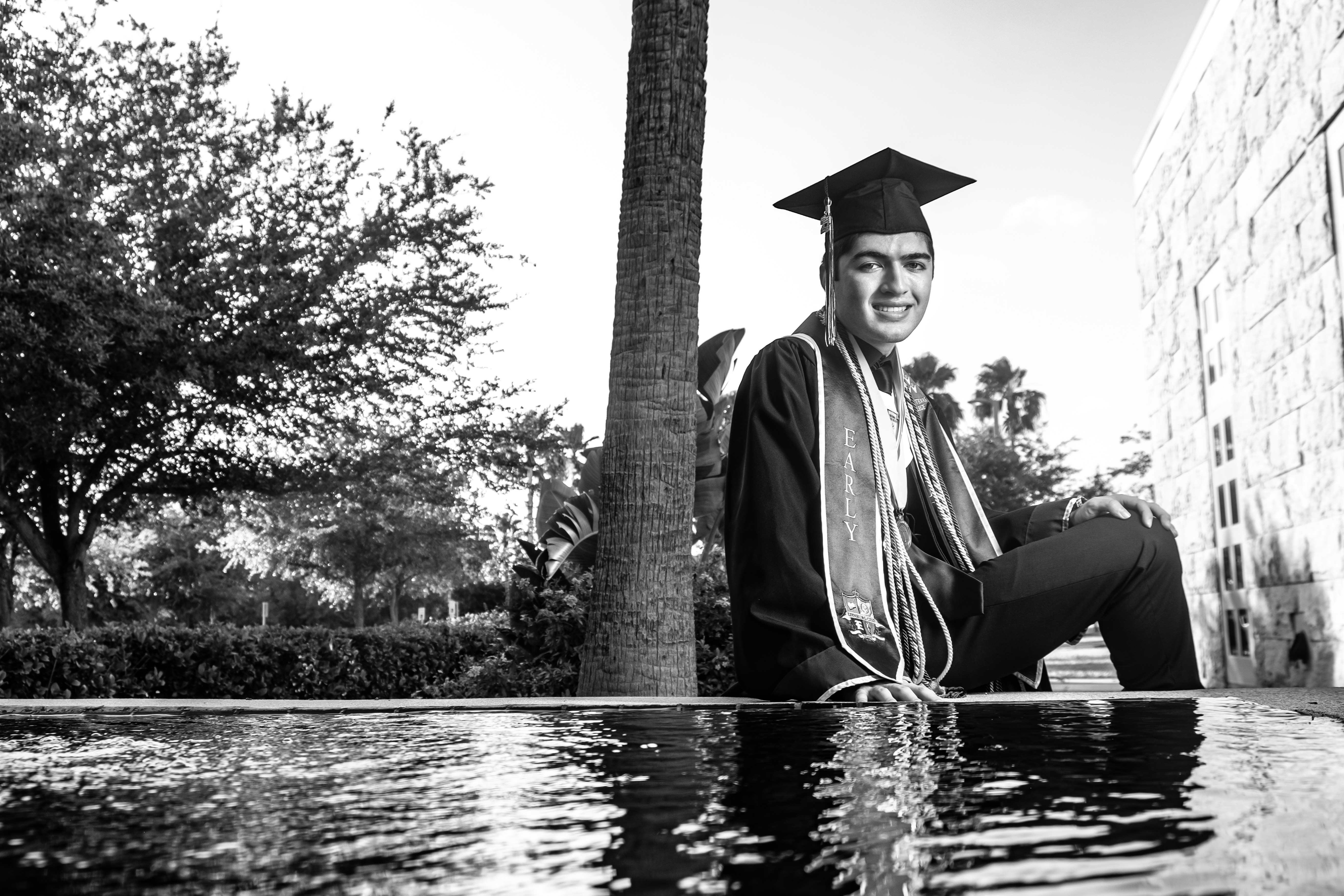 Black and White photo of high school grad at McAllen Convention Center.